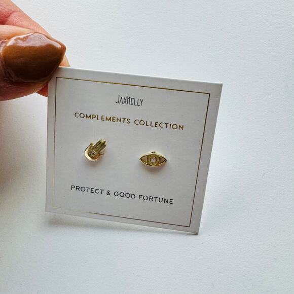 NEW ANTHROPOLOGIE JaxKelly 18kt Hamsa Hand Evil Eye Stud Earring Set Jewelry - Picture 6 of 8
